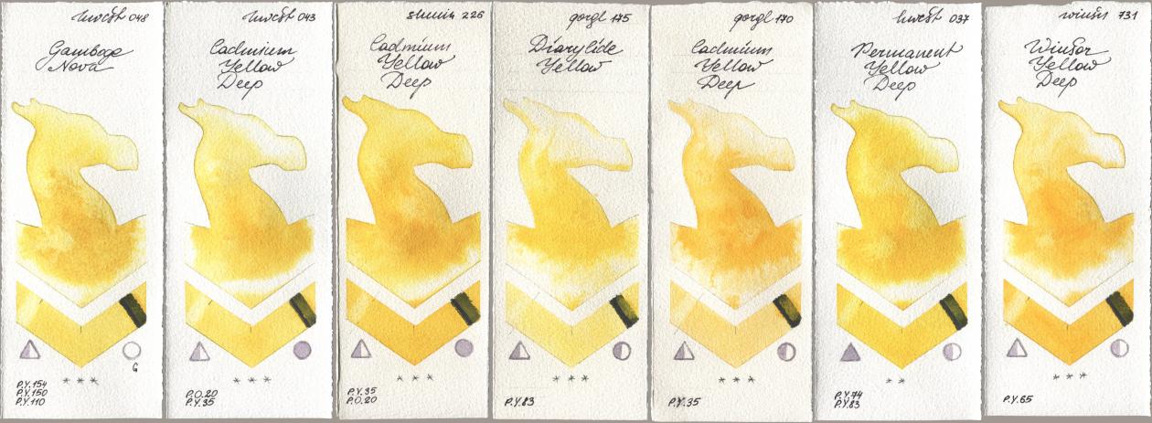 Holbein Artists Watercolor 048 Gamboge Nova, 043 Cadmium Yellow Deep, Shminke Horadam Aquarell 226 Cadmium Yellow Deep, Golden QOR 175 Diarylide Yellow, 170 Cadmium Yellow Deep, 037 Permanent Yellow Deep, Winsor & Newton Professional 731 Winsor Yellow De watercolor swatch