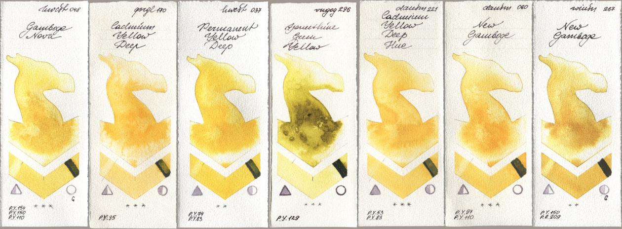 Holbein Artists Watercolor 048 Gamboge Nova, Golden QOR 170 Cadmium Yellow Deep, 037 Permanent Yellow Deep, Royal Talens Van Gogh Watercolour 296 Azomethine Green Yellow, Daniel Smith 221 Cadmium Yellow Deep Hue, 060 New Gamboge, Winsor & Newton Professional 267 New Gambo watercolor swatch