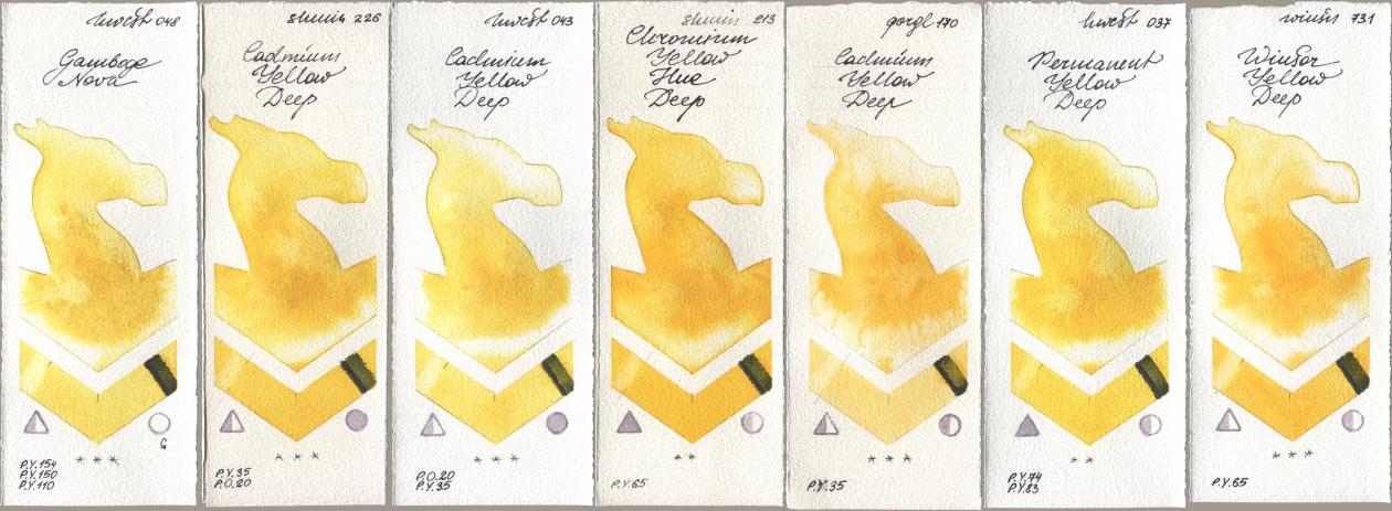 Holbein Artists Watercolor 048 Gamboge Nova, Shminke Horadam Aquarell 226 Cadmium Yellow Deep, 043 Cadmium Yellow Deep, 213 Chrome Yellow Deep LF (Chromium Yellow Hue Deep), Golden QOR 170 Cadmium Yellow Deep, 037 Permanent Yellow Deep, Winsor & Newton Professional 731 Winsor Yellow De watercolor swatch