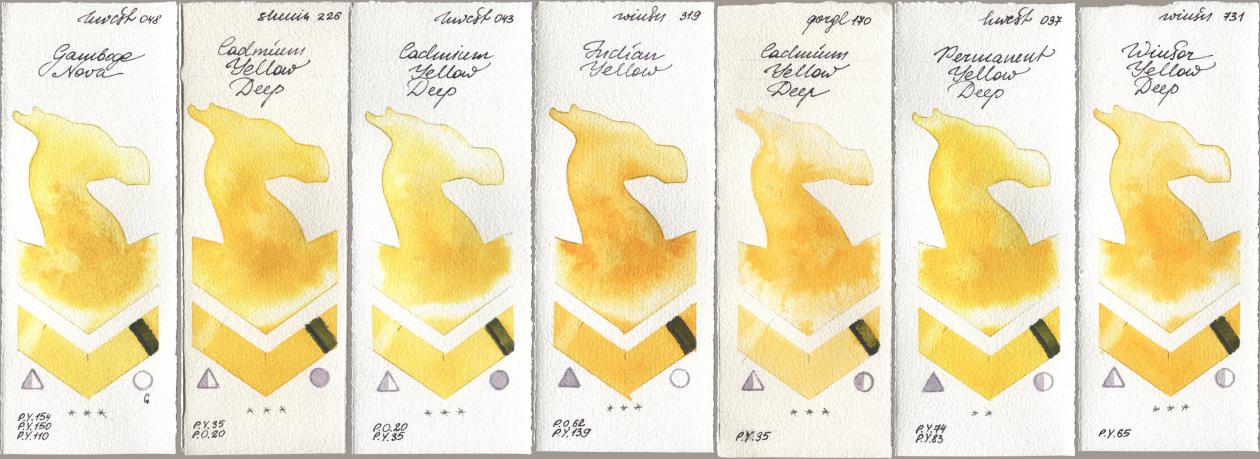 Holbein Artists Watercolor 048 Gamboge Nova, Shminke Horadam Aquarell 226 Cadmium Yellow Deep, 043 Cadmium Yellow Deep, Winsor & Newton Professional 319 Indian Yellow, Golden QOR 170 Cadmium Yellow Deep, 037 Permanent Yellow Deep, 731 Winsor Yellow De watercolor swatch