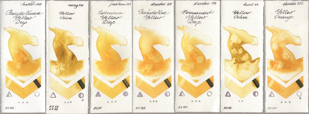 Holbein Artists Watercolor 049 Isoindolinone Yellow Deep, Rosa Gallery 719 Yellow Ochre, M. Graham & Co. Artists 063 Cadmium Yellow Deep, Daniel Smith 218 Isoindoline Yellow, 133 Permanent Yellow Deep, Kuretake Gansai Tambi 044 Yellow Ochre, Shminke Horadam Aquarell 222 Yellow Oran watercolor swatch