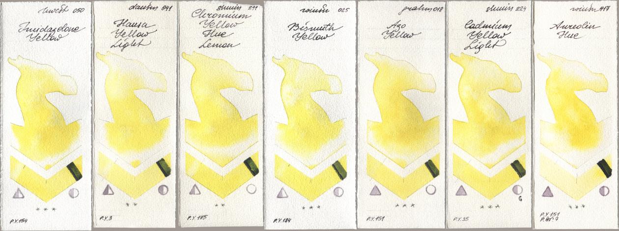 Holbein Artists Watercolor 050 Imidazolone Yellow, Daniel Smith 041 Hansa Yellow Light, Shminke Horadam Aquarell 211 Chromium Yellow Hue Lemon, Winsor & Newton Professional 025 Bismuth Yellow, M. Graham & Co. Artists 018 Azo Yellow, 224 Cadmium Yellow Light, 417 Aureolin H watercolor swatch