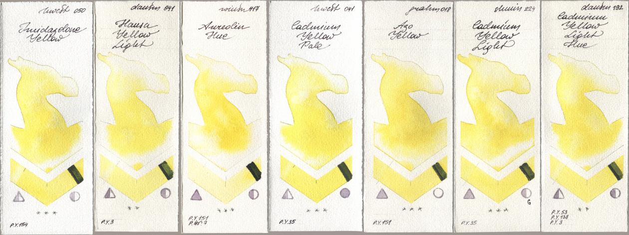 Holbein Artists Watercolor 050 Imidazolone Yellow, Daniel Smith 041 Hansa Yellow Light, Winsor & Newton Professional 417 Aureolin Hue, 041 Cadmium Yellow Pale, M. Graham & Co. Artists 018 Azo Yellow, Shminke Horadam Aquarell 224 Cadmium Yellow Light, 192 Cadmium Yellow Light H watercolor swatch