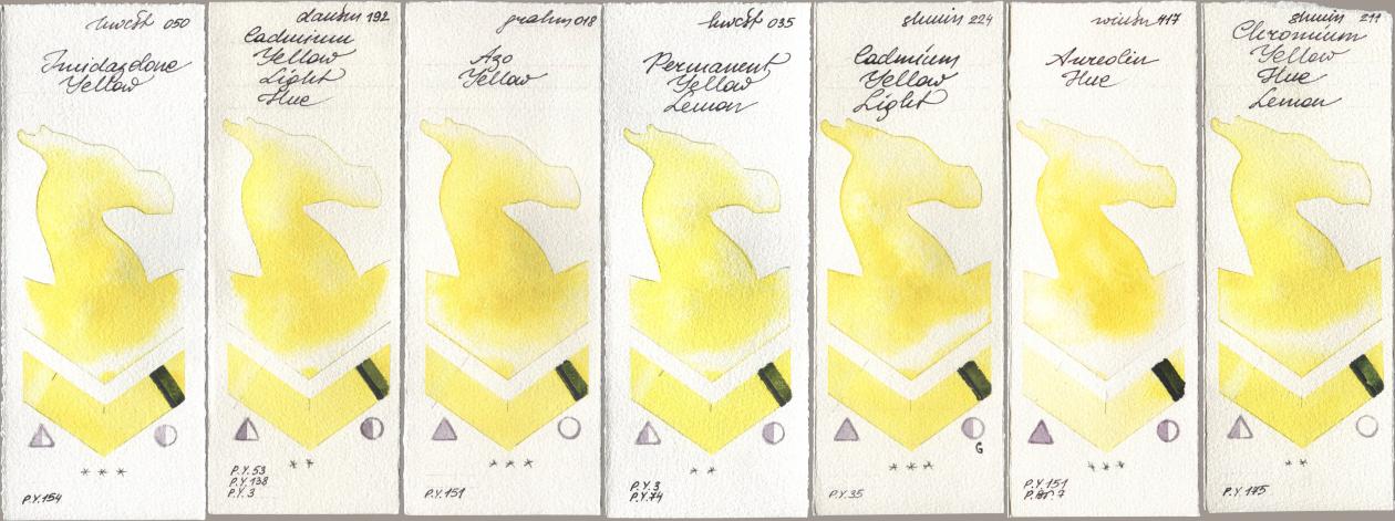 Holbein Artists Watercolor 050 Imidazolone Yellow, Daniel Smith 192 Cadmium Yellow Light Hue, M. Graham & Co. Artists 018 Azo Yellow, 035 Permanent Yellow Lemon, Shminke Horadam Aquarell 224 Cadmium Yellow Light, Winsor & Newton Professional 417 Aureolin Hue, 211 Chromium Yellow Hue Lem watercolor swatch