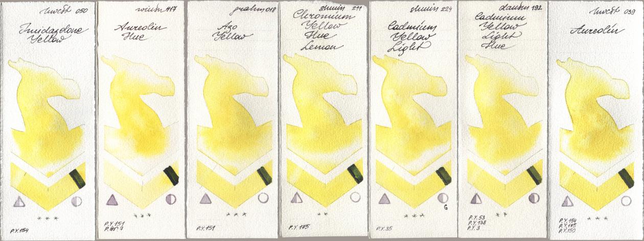 Holbein Artists Watercolor 050 Imidazolone Yellow, Winsor & Newton Professional 417 Aureolin Hue, M. Graham & Co. Artists 018 Azo Yellow, Shminke Horadam Aquarell 211 Chromium Yellow Hue Lemon, 224 Cadmium Yellow Light, Daniel Smith 192 Cadmium Yellow Light Hue, 039 Aureol watercolor swatch