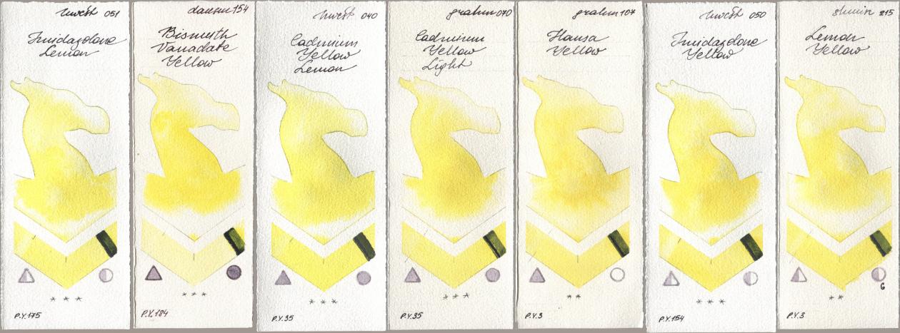 Holbein Artists Watercolor 051 Imidazolone Lemon, Daniel Smith 154 Bismuth Vanadate Yellow, 040 Cadmium Yellow Lemon, M. Graham & Co. Artists 070 Cadmium Yellow Light, 107 Hansa Yellow, 050 Imidazolone Yellow, Shminke Horadam Aquarell 215 Lemon Yell watercolor swatch