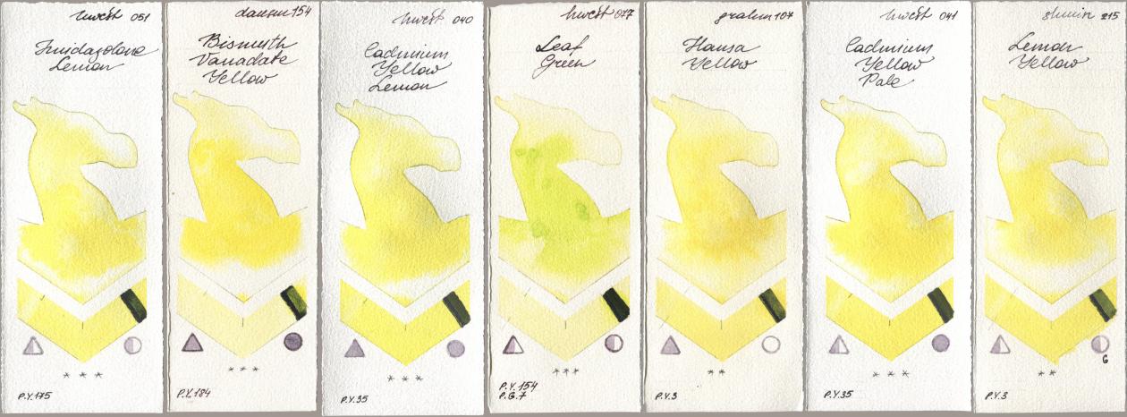 Holbein Artists Watercolor 051 Imidazolone Lemon, Daniel Smith 154 Bismuth Vanadate Yellow, 040 Cadmium Yellow Lemon, 077 Leaf Green, M. Graham & Co. Artists 107 Hansa Yellow, 041 Cadmium Yellow Pale, Shminke Horadam Aquarell 215 Lemon Yell watercolor swatch
