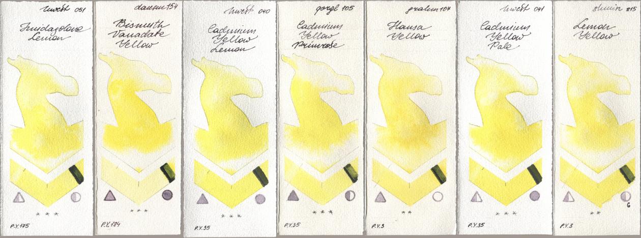 Holbein Artists Watercolor 051 Imidazolone Lemon, Daniel Smith 154 Bismuth Vanadate Yellow, 040 Cadmium Yellow Lemon, Golden QOR 105 Cadmium Yellow Primrose, M. Graham & Co. Artists 107 Hansa Yellow, 041 Cadmium Yellow Pale, Shminke Horadam Aquarell 215 Lemon Yell watercolor swatch