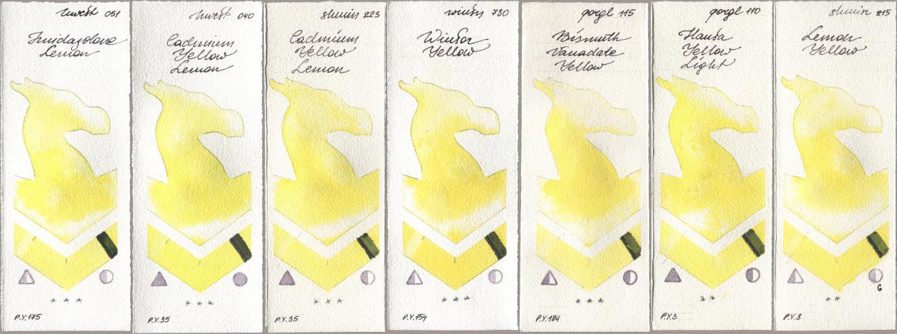 Holbein Artists Watercolor 051 Imidazolone Lemon, 040 Cadmium Yellow Lemon, Shminke Horadam Aquarell 223 Cadmium Yellow Lemon, Winsor & Newton Professional 730 Winsor Yellow, Golden QOR 115 Bismuth Vanadate Yellow, 110 Hansa Yellow Light, 215 Lemon Yell watercolor swatch