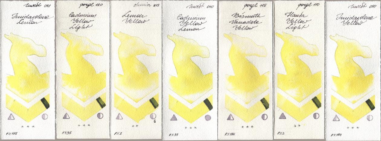 Holbein Artists Watercolor 051 Imidazolone Lemon, Golden QOR 120 Cadmium Yellow Light, Shminke Horadam Aquarell 215 Lemon Yellow, 040 Cadmium Yellow Lemon, 115 Bismuth Vanadate Yellow, 110 Hansa Yellow Light, 050 Imidazolone Yell watercolor swatch
