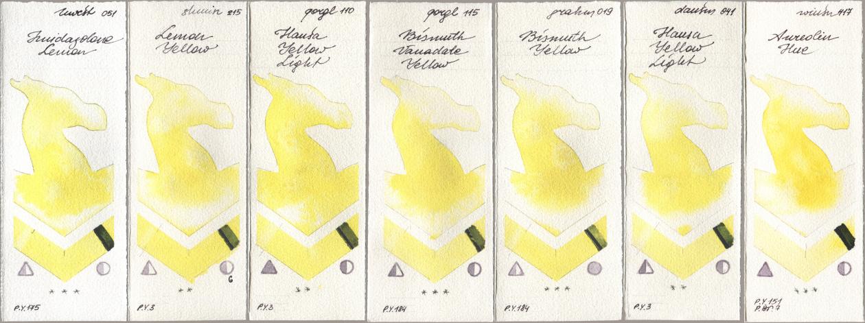 Holbein Artists Watercolor 051 Imidazolone Lemon, Shminke Horadam Aquarell 215 Lemon Yellow, Golden QOR 110 Hansa Yellow Light, 115 Bismuth Vanadate Yellow, M. Graham & Co. Artists 019 Bismuth Yellow, Daniel Smith 041 Hansa Yellow Light, Winsor & Newton Professional 417 Aureolin H watercolor swatch