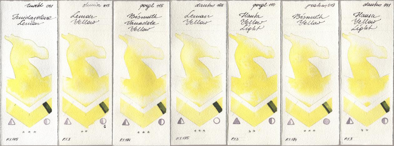Holbein Artists Watercolor 051 Imidazolone Lemon, Shminke Horadam Aquarell 215 Lemon Yellow, Golden QOR 115 Bismuth Vanadate Yellow, Daniel Smith 165 Lemon Yellow, 110 Hansa Yellow Light, M. Graham & Co. Artists 019 Bismuth Yellow, 041 Hansa Yellow Lig watercolor swatch
