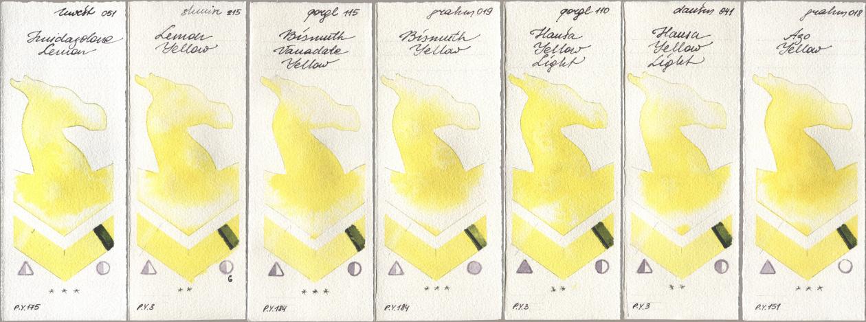 Holbein Artists Watercolor 051 Imidazolone Lemon, Shminke Horadam Aquarell 215 Lemon Yellow, Golden QOR 115 Bismuth Vanadate Yellow, M. Graham & Co. Artists 019 Bismuth Yellow, 110 Hansa Yellow Light, Daniel Smith 041 Hansa Yellow Light, 018 Azo Yell watercolor swatch