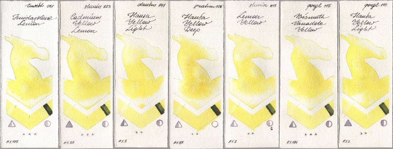 Holbein Artists Watercolor 051 Imidazolone Lemon, Shminke Horadam Aquarell 223 Cadmium Yellow Lemon, Daniel Smith 041 Hansa Yellow Light, M. Graham & Co. Artists 106 Hansa Yellow Deep, 215 Lemon Yellow, Golden QOR 115 Bismuth Vanadate Yellow, 110 Hansa Yellow Lig watercolor swatch