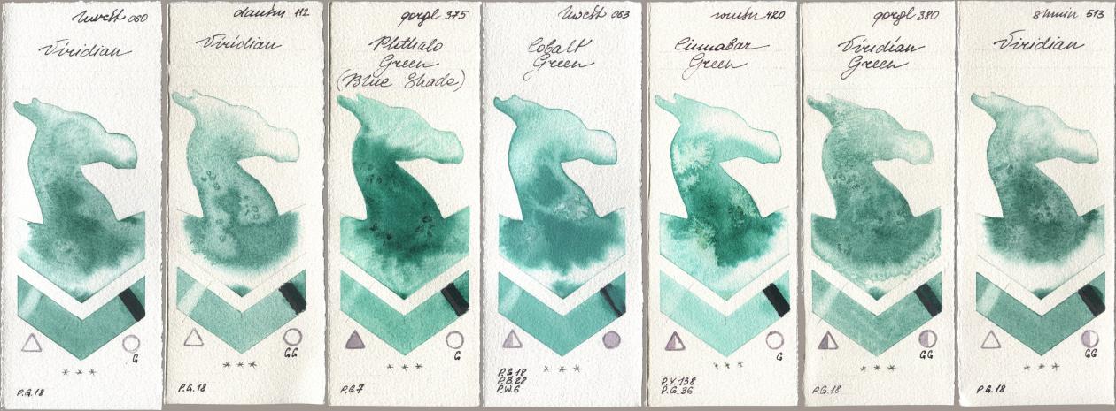 Holbein Artists Watercolor 060 Viridian, Daniel Smith 112 Viridian, Golden QOR 375 Phthalo Green (Blue Shade), 063 Cobalt Green, Winsor & Newton Professional 420 Cinnabar Green, 380 Viridian Green, Shminke Horadam Aquarell 513 Viridi watercolor swatch