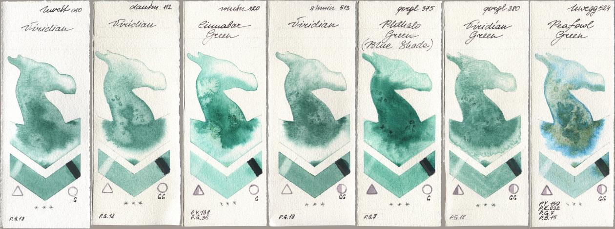 Holbein Artists Watercolor 060 Viridian, Daniel Smith 112 Viridian, Winsor & Newton Professional 420 Cinnabar Green, Shminke Horadam Aquarell 513 Viridian, Golden QOR 375 Phthalo Green (Blue Shade), 380 Viridian Green, 524 Peafowl Gre watercolor swatch