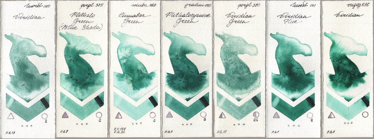 Holbein Artists Watercolor 060 Viridian, Golden QOR 375 Phthalo Green (Blue Shade), Winsor & Newton Professional 420 Cinnabar Green, M. Graham & Co. Artists 150 Phthalocyanine Green, 380 Viridian Green, 061 Virdian Hue, Royal Talens Van Gogh Watercolour 616 Viridi watercolor swatch