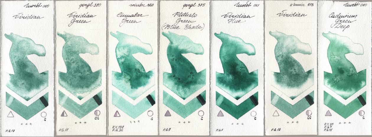 Holbein Artists Watercolor 060 Viridian, Golden QOR 380 Viridian Green, Winsor & Newton Professional 420 Cinnabar Green, 375 Phthalo Green (Blue Shade), 061 Virdian Hue, Shminke Horadam Aquarell 513 Viridian, 070 Cadmium Green De watercolor swatch