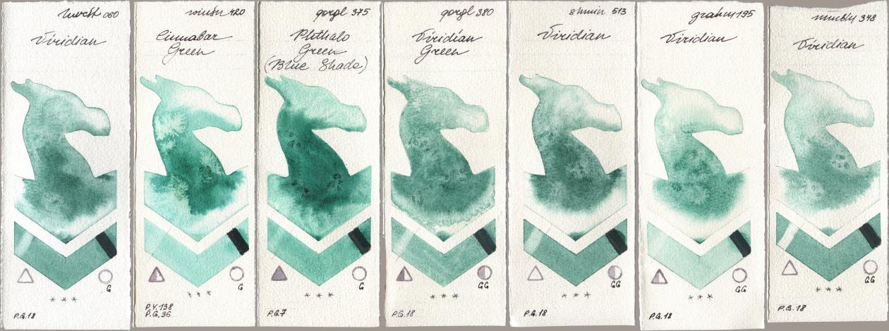 Holbein Artists Watercolor 060 Viridian, Winsor & Newton Professional 420 Cinnabar Green, Golden QOR 375 Phthalo Green (Blue Shade), 380 Viridian Green, Shminke Horadam Aquarell 513 Viridian, M. Graham & Co. Artists 195 Viridian, Maimeri Blu 348 Viridi watercolor swatch