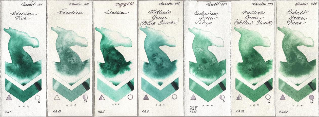 Holbein Artists Watercolor 061 Virdian Hue, Shminke Horadam Aquarell 513 Viridian, Royal Talens Van Gogh Watercolour 616 Viridian, Daniel Smith 078 Phthalo Green (Blue Shade), 070 Cadmium Green Deep, 079 Phthalo Green (Yellow Shade), 535 Cobalt Green Pu watercolor swatch