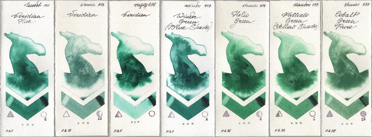 Holbein Artists Watercolor 061 Virdian Hue, Shminke Horadam Aquarell 513 Viridian, Royal Talens Van Gogh Watercolour 616 Viridian, Winsor & Newton Professional 719 Winsor Green (Blue Shade), 514 Helio Green, Daniel Smith 079 Phthalo Green (Yellow Shade), 535 Cobalt Green Pu watercolor swatch