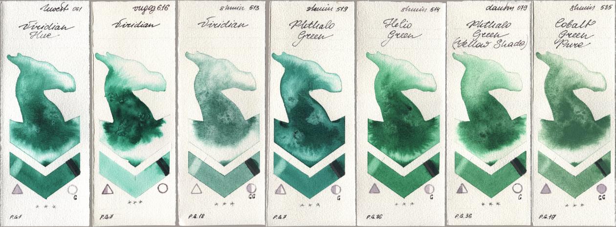 Holbein Artists Watercolor 061 Virdian Hue, Royal Talens Van Gogh Watercolour 616 Viridian, Shminke Horadam Aquarell 513 Viridian, 519 Phthalo Green, 514 Helio Green, Daniel Smith 079 Phthalo Green (Yellow Shade), 535 Cobalt Green Pu watercolor swatch