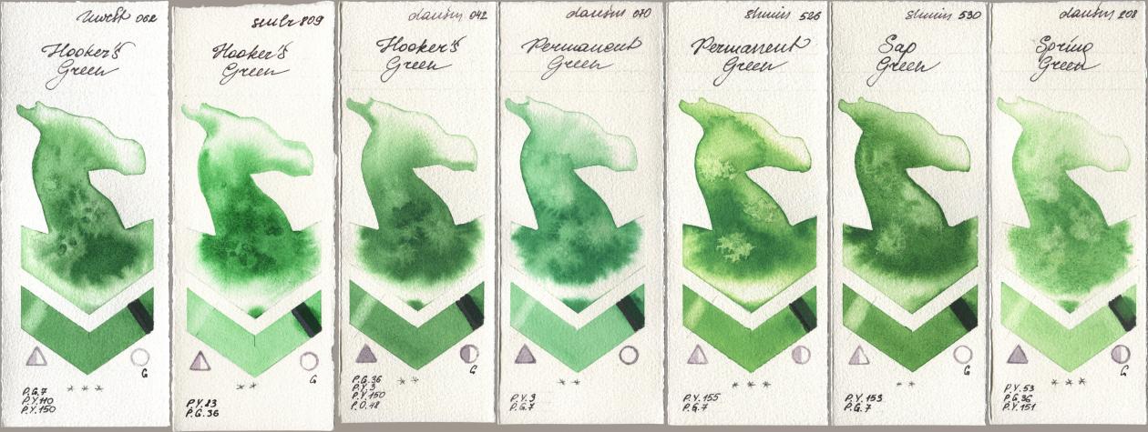 Holbein Artists Watercolor 062 Hookers Green, Sennelier l Aquarelle 809 Hookers Green, Daniel Smith 042 Hookers Green, 070 Permanent Green, Shminke Horadam Aquarell 526 Permanent Green, 530 Sap Green, 208 Spring Gre watercolor swatch