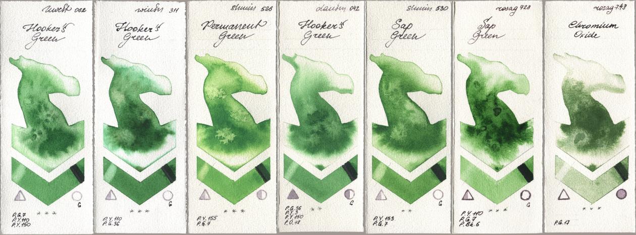 Holbein Artists Watercolor 062 Hookers Green, Winsor & Newton Professional 311 Hookers Green, Shminke Horadam Aquarell 526 Permanent Green, Daniel Smith 042 Hookers Green, 530 Sap Green, Rosa Gallery 728 Sap Green, 743 Chromium Oxi watercolor swatch