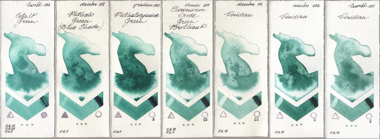 Holbein Artists Watercolor 063 Cobalt Green, Daniel Smith 078 Phthalo Green (Blue Shade), M. Graham & Co. Artists 150 Phthalocyanine Green, Shminke Horadam Aquarell 511 Chromium Oxide Green Brilliant, 112 Viridian, Winsor & Newton Professional 692 Viridian, 060 Viridi watercolor swatch