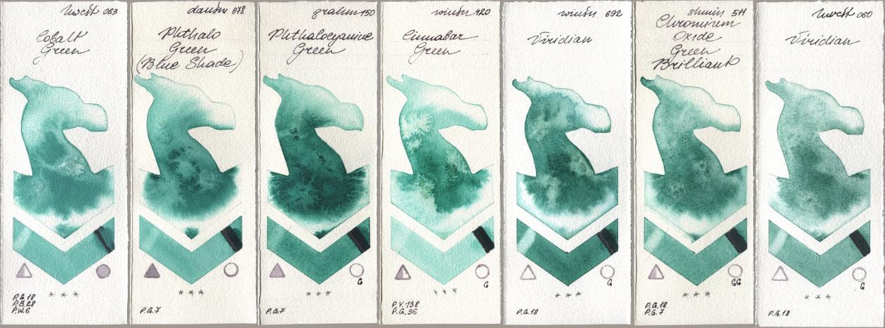 Holbein Artists Watercolor 063 Cobalt Green, Daniel Smith 078 Phthalo Green (Blue Shade), M. Graham & Co. Artists 150 Phthalocyanine Green, Winsor & Newton Professional 420 Cinnabar Green, 692 Viridian, Shminke Horadam Aquarell 511 Chromium Oxide Green Brilliant, 060 Viridi watercolor swatch