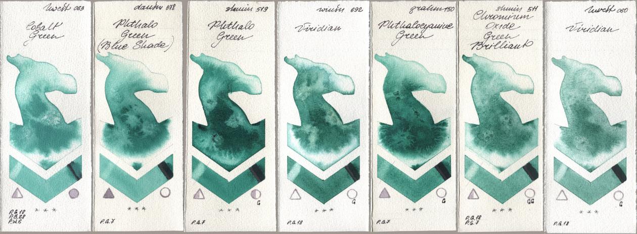 Holbein Artists Watercolor 063 Cobalt Green, Daniel Smith 078 Phthalo Green (Blue Shade), Shminke Horadam Aquarell 519 Phthalo Green, Winsor & Newton Professional 692 Viridian, M. Graham & Co. Artists 150 Phthalocyanine Green, 511 Chromium Oxide Green Brilliant, 060 Viridi watercolor swatch