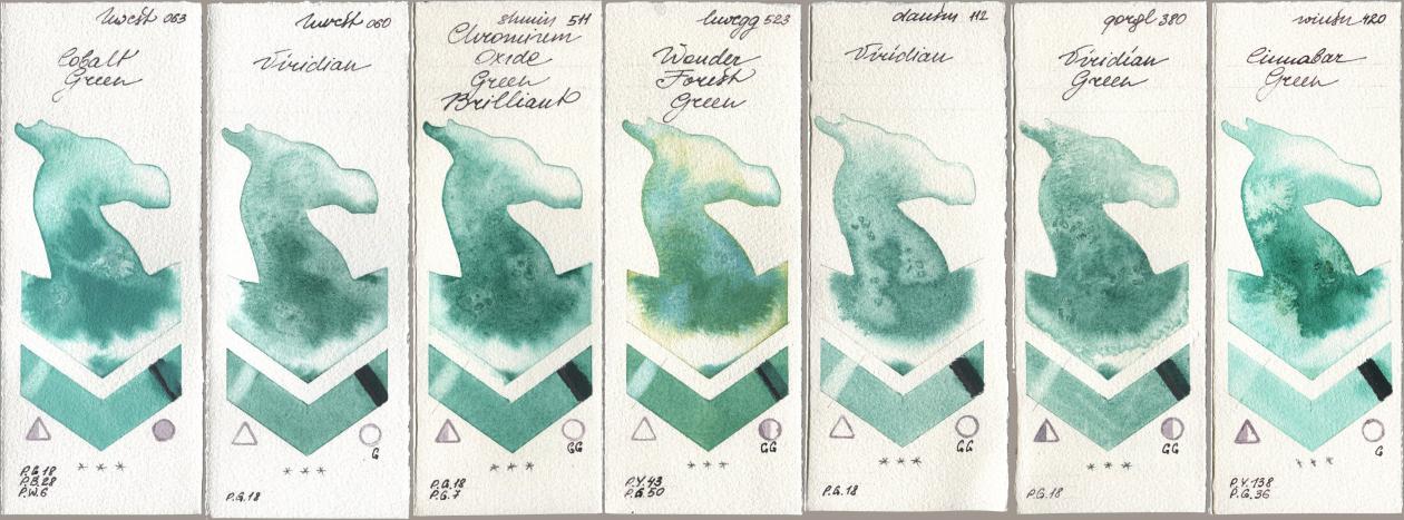 Holbein Artists Watercolor 063 Cobalt Green, 060 Viridian, Shminke Horadam Aquarell 511 Chromium Oxide Green Brilliant, 523 Wonder Forest Green, Daniel Smith 112 Viridian, Golden QOR 380 Viridian Green, Winsor & Newton Professional 420 Cinnabar Gre watercolor swatch