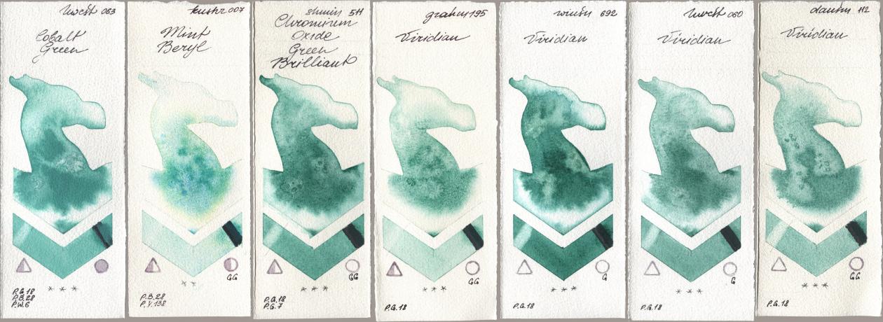 Holbein Artists Watercolor 063 Cobalt Green, Kusakabe 007 Mint Beryl, Shminke Horadam Aquarell 511 Chromium Oxide Green Brilliant, M. Graham & Co. Artists 195 Viridian, Winsor & Newton Professional 692 Viridian, 060 Viridian, Daniel Smith 112 Viridi watercolor swatch