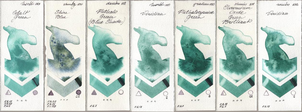 Holbein Artists Watercolor 063 Cobalt Green, Shminke Horadam Aquarell 934 Shire Blue, Daniel Smith 078 Phthalo Green (Blue Shade), 060 Viridian, M. Graham & Co. Artists 150 Phthalocyanine Green, 511 Chromium Oxide Green Brilliant, Winsor & Newton Professional 692 Viridi watercolor swatch