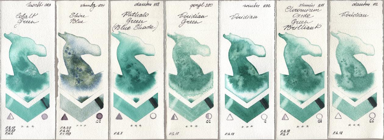 Holbein Artists Watercolor 063 Cobalt Green, Shminke Horadam Aquarell 934 Shire Blue, Daniel Smith 078 Phthalo Green (Blue Shade), Golden QOR 380 Viridian Green, Winsor & Newton Professional 692 Viridian, 511 Chromium Oxide Green Brilliant, 112 Viridi watercolor swatch
