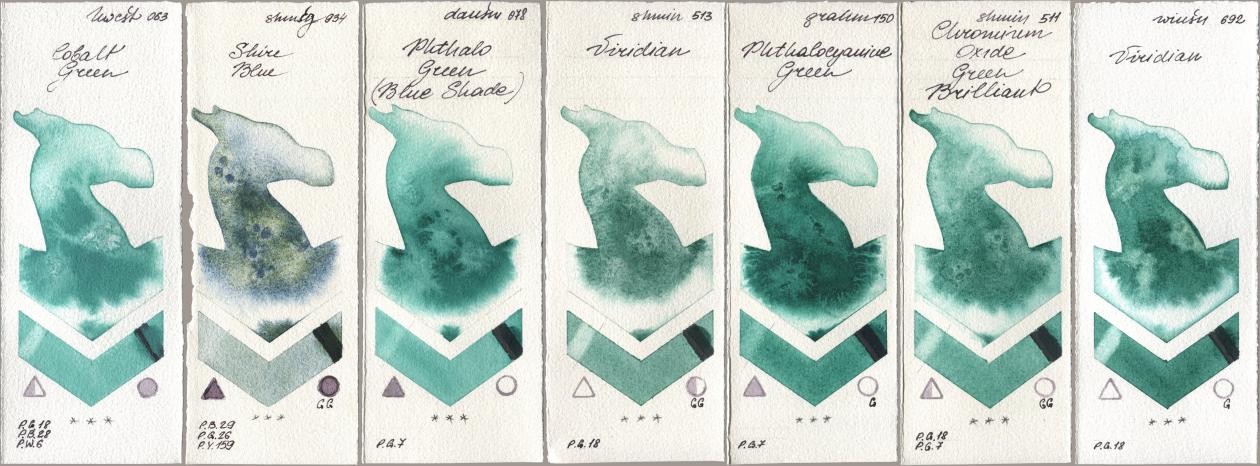 Holbein Artists Watercolor 063 Cobalt Green, Shminke Horadam Aquarell 934 Shire Blue, Daniel Smith 078 Phthalo Green (Blue Shade), 513 Viridian, M. Graham & Co. Artists 150 Phthalocyanine Green, 511 Chromium Oxide Green Brilliant, Winsor & Newton Professional 692 Viridi watercolor swatch