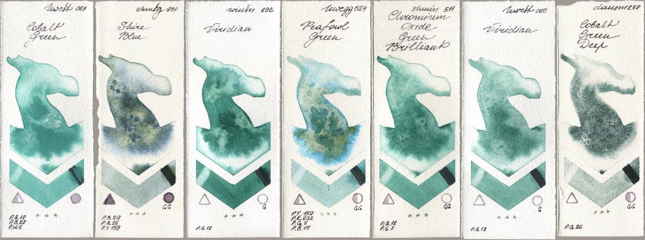 Holbein Artists Watercolor 063 Cobalt Green, Shminke Horadam Aquarell 934 Shire Blue, Winsor & Newton Professional 692 Viridian, 524 Peafowl Green, 511 Chromium Oxide Green Brilliant, 060 Viridian, Daniel Smith 258 Cobalt Green De watercolor swatch