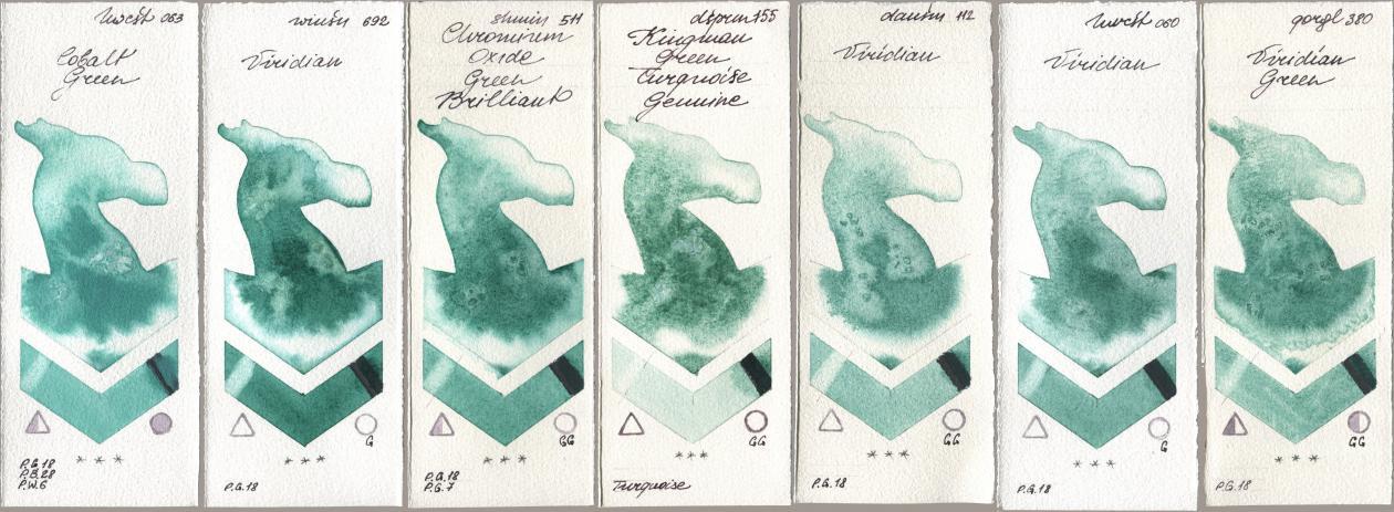 Holbein Artists Watercolor 063 Cobalt Green, Winsor & Newton Professional 692 Viridian, Shminke Horadam Aquarell 511 Chromium Oxide Green Brilliant, Daniel Smith 155 Kingman Green Turquoise Genuine, 112 Viridian, 060 Viridian, Golden QOR 380 Viridian Gre watercolor swatch