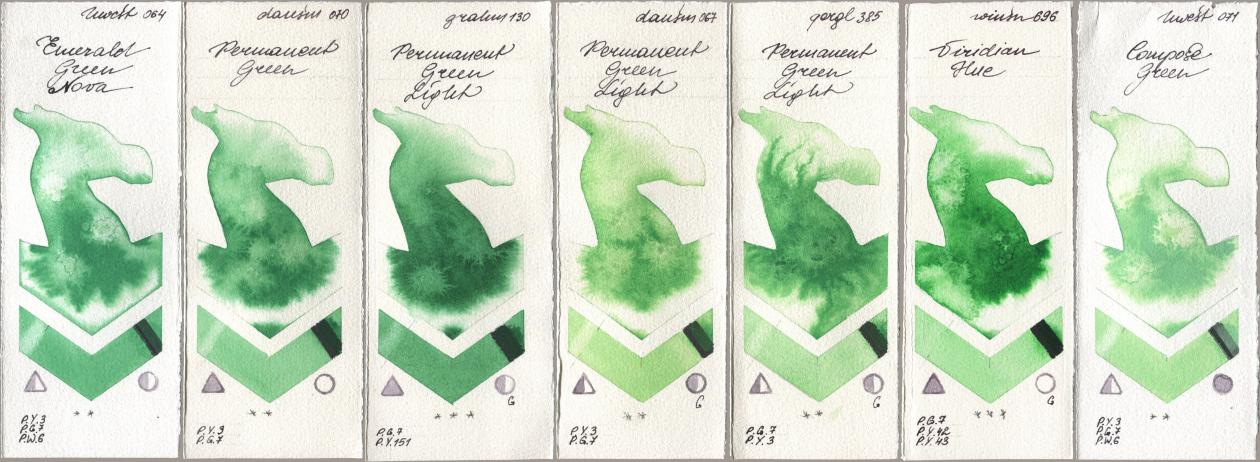 Holbein Artists Watercolor 064 Emerald Green Nova, Daniel Smith 070 Permanent Green, M. Graham & Co. Artists 130 Permanent Green Light, 067 Permanent Green Light, Golden QOR 385 Permanent Green Light, Winsor & Newton Professional 696 Viridian Hue, 071 Compose Gre watercolor swatch