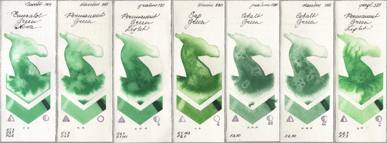 Holbein Artists Watercolor 064 Emerald Green Nova, Daniel Smith 070 Permanent Green, M. Graham & Co. Artists 130 Permanent Green Light, Shminke Horadam Aquarell 530 Sap Green, 095 Cobalt Green, 026 Cobalt Green, Golden QOR 385 Permanent Green Lig watercolor swatch