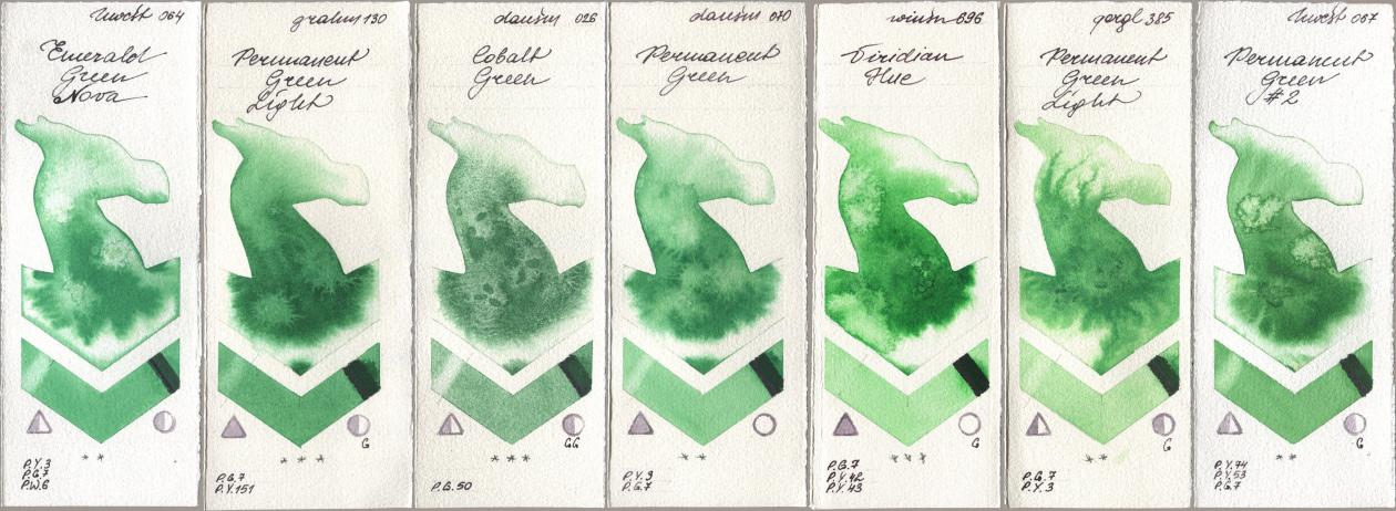 Holbein Artists Watercolor 064 Emerald Green Nova, M. Graham & Co. Artists 130 Permanent Green Light, Daniel Smith 026 Cobalt Green, 070 Permanent Green, Winsor & Newton Professional 696 Viridian Hue, Golden QOR 385 Permanent Green Light, 067 Permanent Green No watercolor swatch