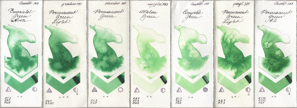 Holbein Artists Watercolor 064 Emerald Green Nova, M. Graham & Co. Artists 130 Permanent Green Light, Daniel Smith 070 Permanent Green, Mijello Mission Gold 593 Melon Green, 071 Compose Green, Golden QOR 385 Permanent Green Light, 067 Permanent Green No watercolor swatch