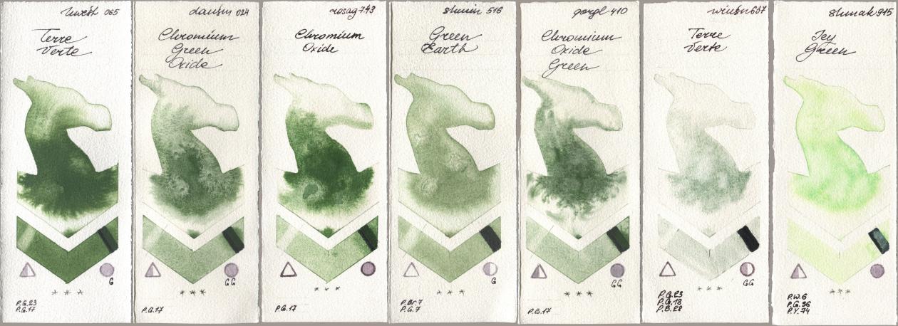 Holbein Artists Watercolor 065 Terre Verte, Daniel Smith 024 Chromium Green Oxide, Rosa Gallery 743 Chromium Oxide, Shminke Horadam Aquarell 516 Green Earth, Golden QOR 410 Chromium Oxide Green, Winsor & Newton Professional 637 Terre Verte, Shminke Akademie Aquarell 915 Icy Gre watercolor swatch