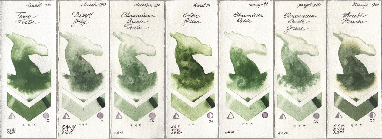 Holbein Artists Watercolor 065 Terre Verte, Shinhan PWC 690 Davys Grey, Daniel Smith 024 Chromium Green Oxide, Kuretake Gansai Tambi 054 Olive Green, Rosa Gallery 743 Chromium Oxide, Golden QOR 410 Chromium Oxide Green, Shminke Horadam Aquarell 944 Forest Bro watercolor swatch
