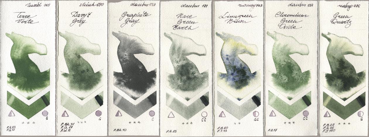 Holbein Artists Watercolor 065 Terre Verte, Shinhan PWC 690 Davys Grey, Daniel Smith 038 Graphite Gray, 181 Rare Green Earth, Rockwell 143 Limugreen Brown, 024 Chromium Green Oxide, Rosa Gallery 786 Green Quar watercolor swatch