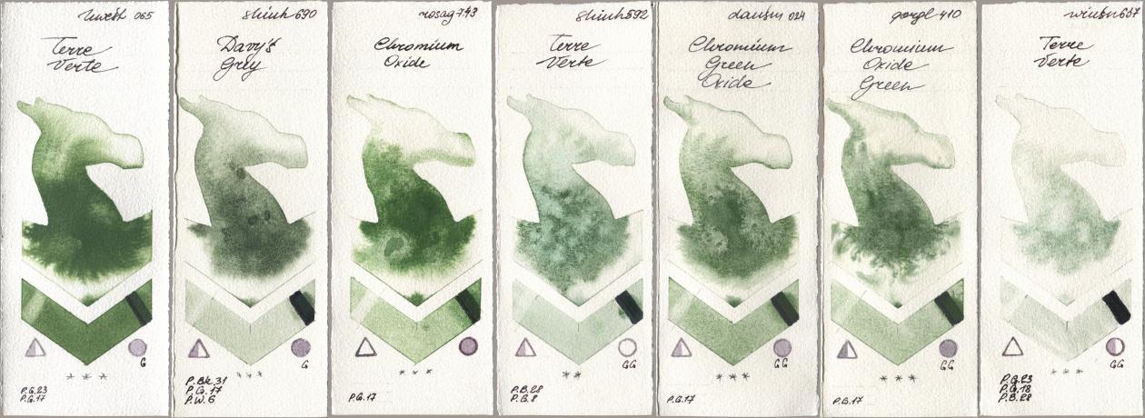 Holbein Artists Watercolor 065 Terre Verte, Shinhan PWC 690 Davys Grey, Rosa Gallery 743 Chromium Oxide, 592 Terre Verte, Daniel Smith 024 Chromium Green Oxide, Golden QOR 410 Chromium Oxide Green, Winsor & Newton Professional 637 Terre Ver watercolor swatch