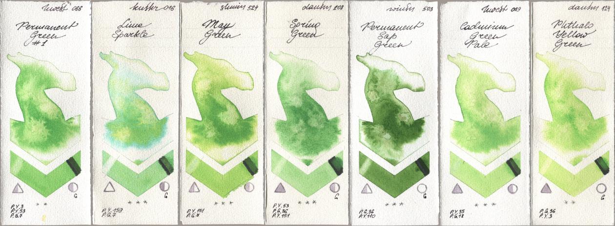Holbein Artists Watercolor 066 Permanent Green No 1, Kusakabe 016 Lime Sparkle, Shminke Horadam Aquarell 524 May Green, Daniel Smith 208 Spring Green, Winsor & Newton Professional 503 Permanent Sap Green, 069 Cadmium Green Pale, 124 Phthalo Yellow Gre watercolor swatch
