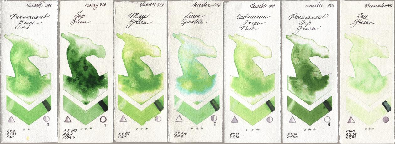 Holbein Artists Watercolor 066 Permanent Green No 1, Rosa Gallery 728 Sap Green, Shminke Horadam Aquarell 524 May Green, Kusakabe 016 Lime Sparkle, 069 Cadmium Green Pale, Winsor & Newton Professional 503 Permanent Sap Green, Shminke Akademie Aquarell 915 Icy Gre watercolor swatch