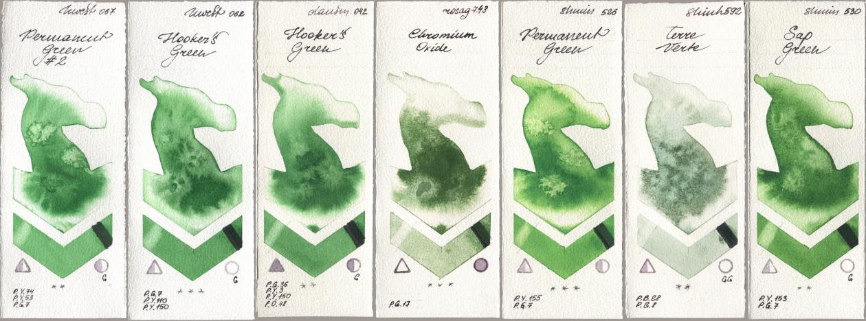 Holbein Artists Watercolor 067 Permanent Green No 2, 062 Hookers Green, Daniel Smith 042 Hookers Green, Rosa Gallery 743 Chromium Oxide, Shminke Horadam Aquarell 526 Permanent Green, Shinhan PWC 592 Terre Verte, 530 Sap Gre watercolor swatch