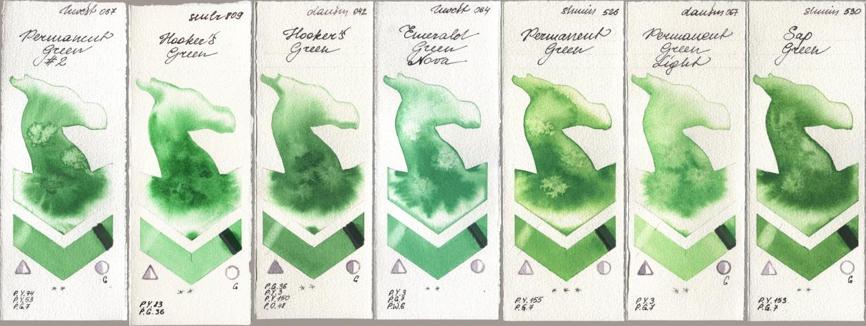 Holbein Artists Watercolor 067 Permanent Green No 2, Sennelier l Aquarelle 809 Hookers Green, Daniel Smith 042 Hookers Green, 064 Emerald Green Nova, Shminke Horadam Aquarell 526 Permanent Green, 067 Permanent Green Light, 530 Sap Gre watercolor swatch